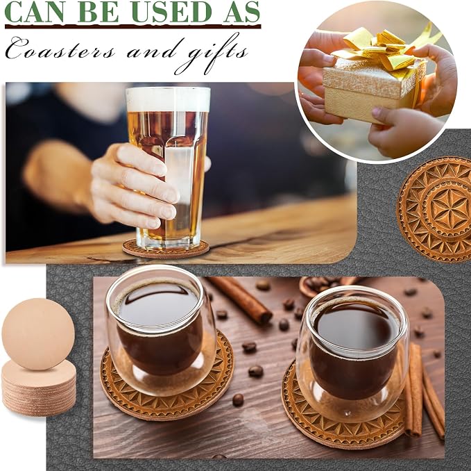 Bulyoou 50 Pcs Round Vegetable Tan Leather Coaster 3-1/4" Circular Tooling | - Image 5
