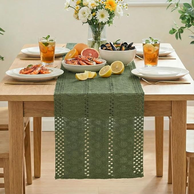 Artoid Mode Army Green Woven Farmhouse Hollow Table Runner 12x108 Inch | - Image 3