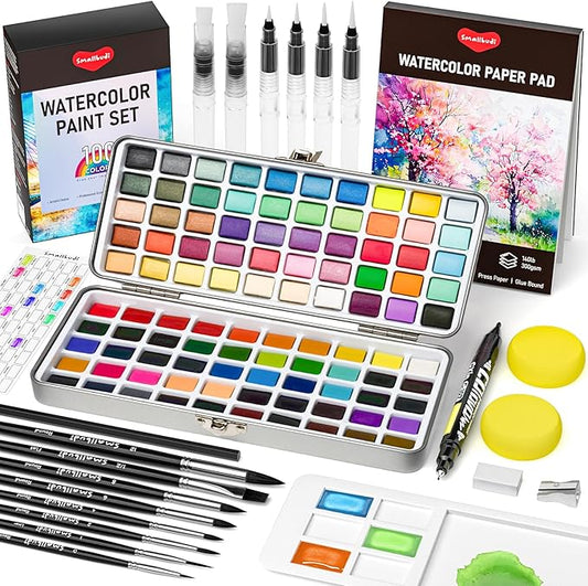 Watercolor Paint Set 100 Colors Including Metallic, Watercolor Kit with Case, Watercolor Paper, Paint Brushes, Palette and Accessories, Water Color Art Supplies Gift for Adults Kids Artists