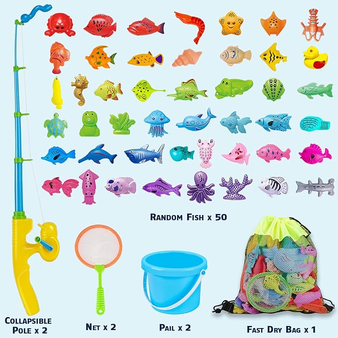 CozyBomB™ Magnetic Fishing Toys Game Set for Kids | Water Table Bathtub Kiddie Pool Party & Pole Rod Net, Plastic Floating Fish Toddler Color Ocean Sea Animals Birthday Age 3 4 5 6 Year
