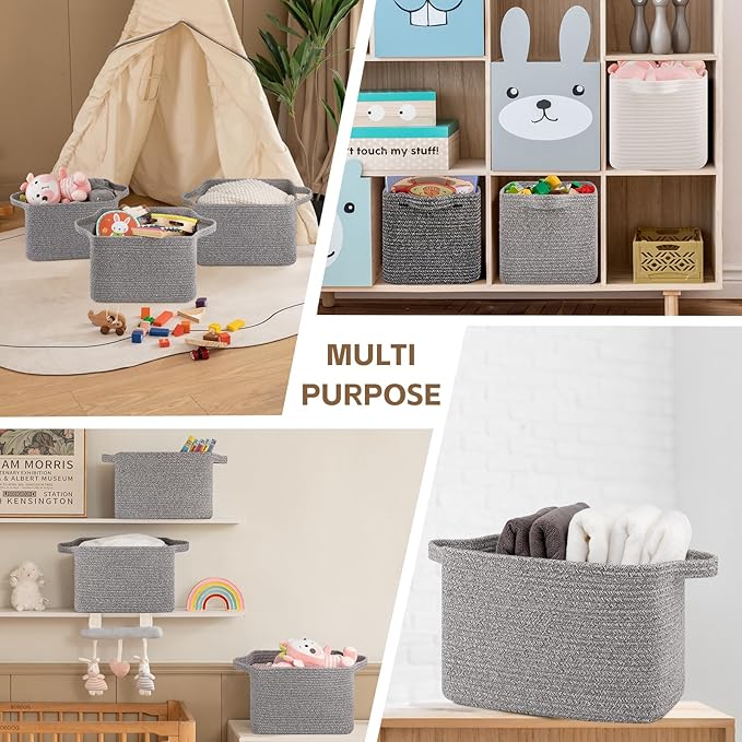 OIAHOMY Storage Basket, Woven Baskets for Storage, Cotton Rope Basket for toys,Towel Baskets for Bathroom - Pack of 3, Light Grey