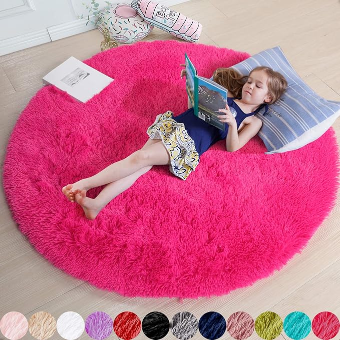 Hot Pink Round Rugs 5Ft for Girls Bedroom, Fluffy Circle Area Rug for Kids Room by Amdrebio