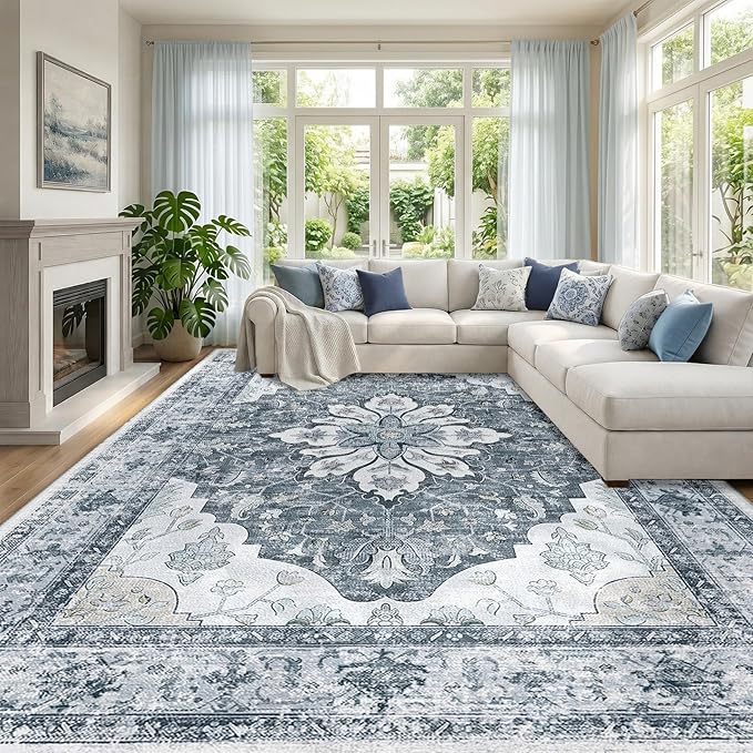 RELEANY Area Rugs Large 10'x14' Washable Non-Slip, Floral Vintage Distress by RELEANY
