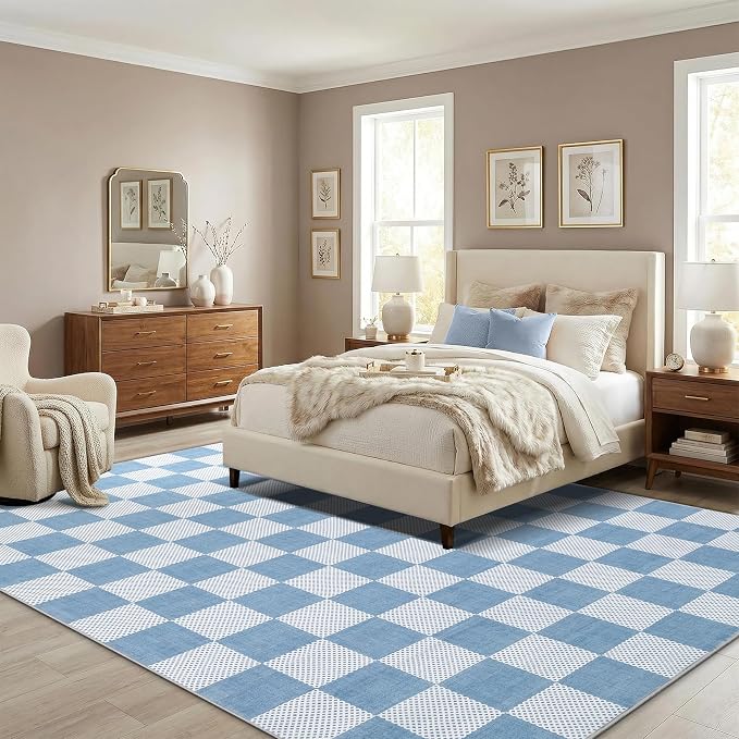 GarveeHome Checkered Light Blue and White 6x9 Area Rugs Geometric Diamond Dot - Image 3