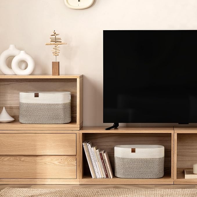 UBBCARE 2 Pack Baskets for Organizing, Woven Storage Baskets with Label for Toys and Towel, Rectangle Cotton Rope Basket with Handles, 15''L x10''W x9''H, White&Brown