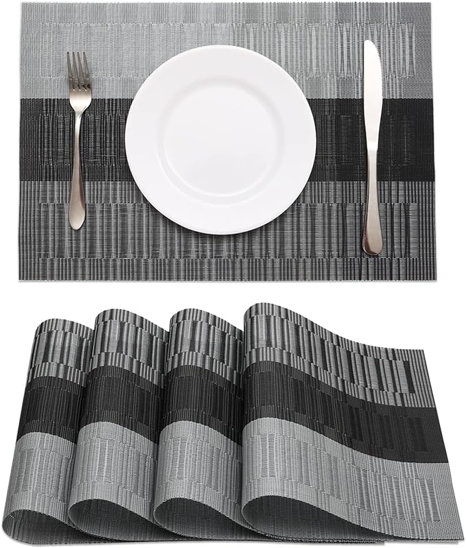 HeloHo Black Placemats Set of 4 Heat-Resistant Washable Place Mats Non-Slip by HeloHo
