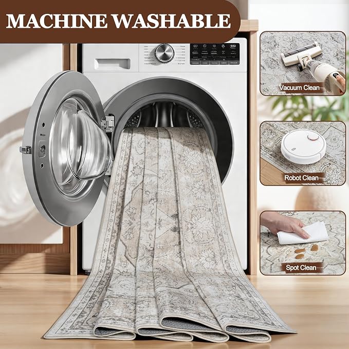 6x9 Area Rugs for Living Room:Beige Washable Vintage Medallion Carpet Non-Slip - Image 7