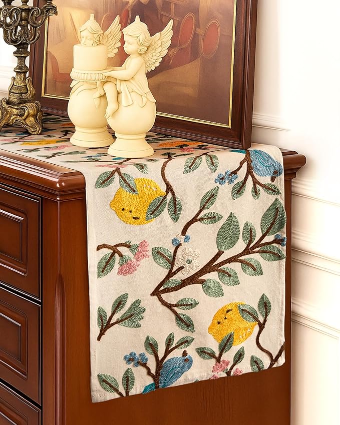 Canvas Embroidered Narrow 13"x 90" Table Runner, Lemon Bird | Exquisite - Image 5
