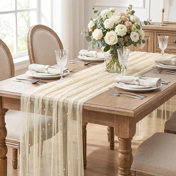 Artoid Mode 3PCS Pearl Champine Gauze Table Runner 120 Inch 10FT, Seasonal - Image 4