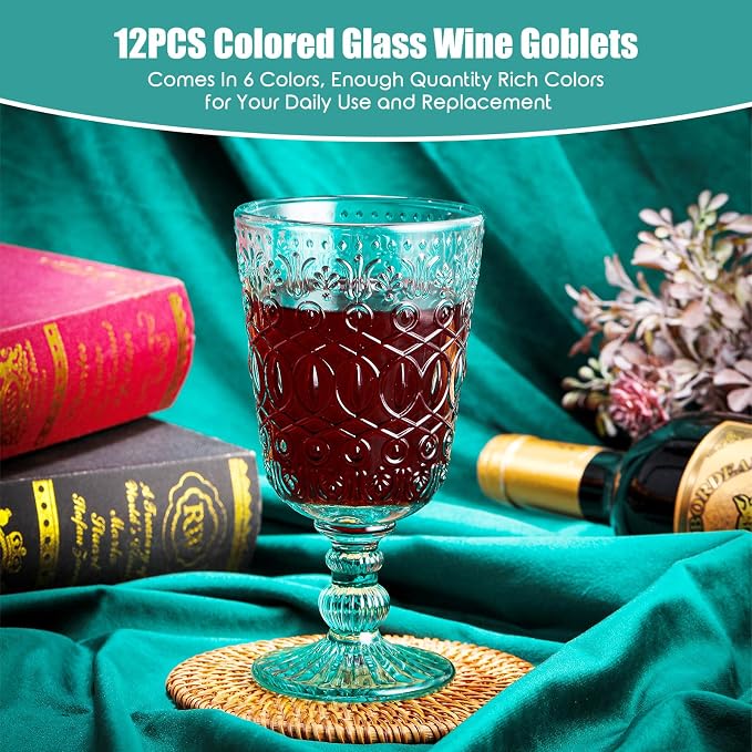 Eaasty Wine Glasses Set of 12 Vintage Goblet 9 oz Vintage Colored Glass Goblet - Image 3