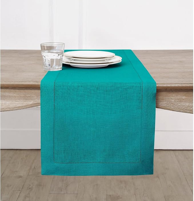 Solino Home 100% Pure Linen Table Runner Teal, Classic Hemstitch 14 x 72 in | by SolinoHome
