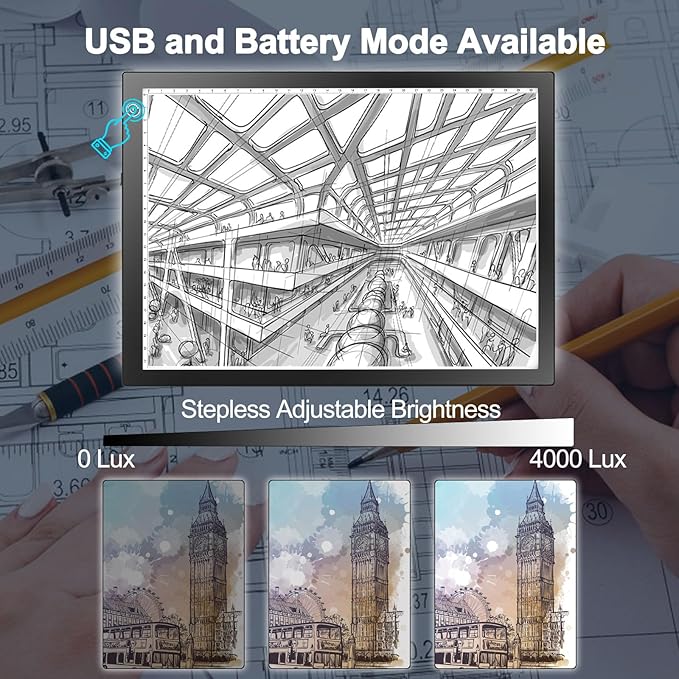 LitEnergy Rechargeable Battery Powered Light Tracing Box, Ultra-Thin Adjustable USB Power Artcraft LED Trace Light Pad Size A4 for Drawing, Streaming, Sketching, Animation, Stenciling (Black)