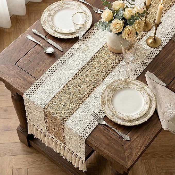 Burlap Boho Table Runner Macrame Brown 72in Farmhouse Woven Runner | Burlap - Image 7
