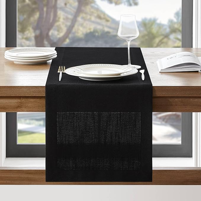Linen Textured Border Table Runner, 14 x 36 Inch Black | Mitered Corner Design by ZEEMARTONLINE