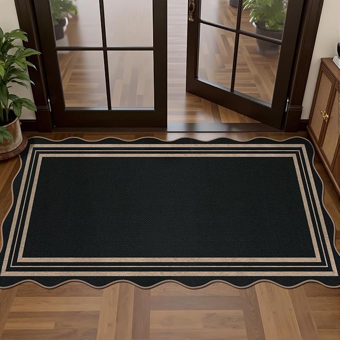 Scalloped Easy Jute Black Rug, 2x4 Front Door Washable Door Mat Non Slip Small - Image 3