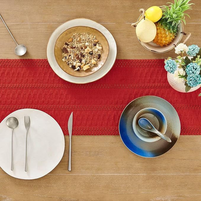 Macrame Style Boho Table Runner, 12x48 Inch Red | Woven Boho Table Runner - Image 4