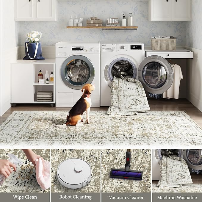 jinchan Hallway Runner Rug 3x10 Washable Runner - Vintage Floral Non Slip Low-Pile Soft Thin Faux Wool Kitchen Rug Distressed Carpet for Farmhouse Bedroom Laundry Room(3x10ft,Taupe)