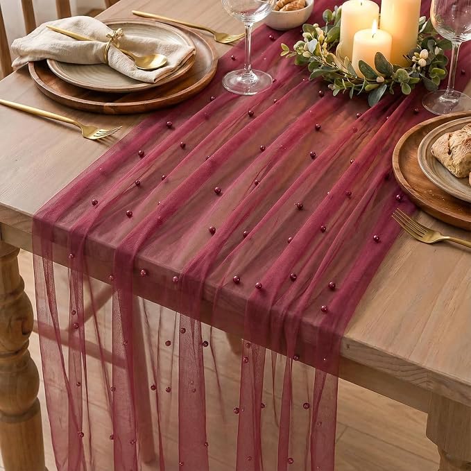 Artoid Mode 3PCS Pearl Burgundy Gauze Table Runner 120 Inch 10FT, Seasonal - Image 5