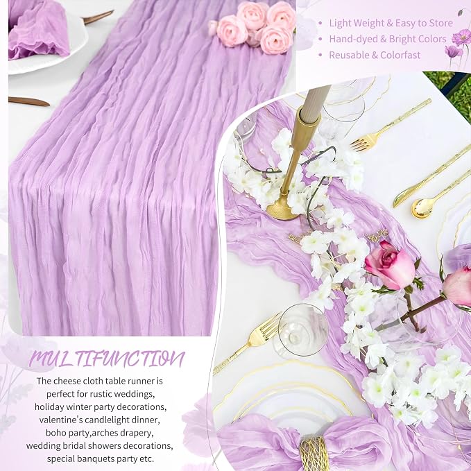 Showgeous 4 Pack Lilac Purple Cheesecloth Table Runner, 17 x 108 Inches | Boho - Image 5
