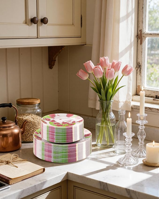 60 Pcs Disposable Plates, Pearl Trim | Elegant pink tulip & butterfly pattern - Image 8