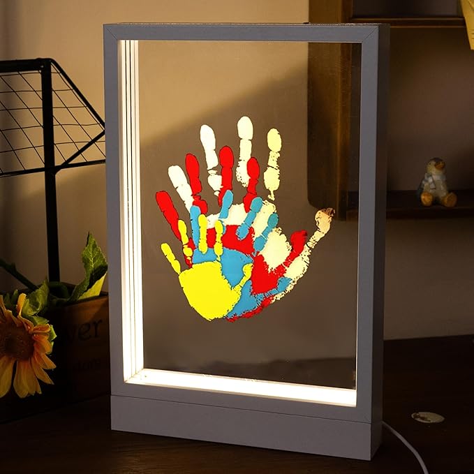CHERRY CHEERS Family Handprint Kit with Light, Handprint Keepsake Frame, Wooden Led Light, Easy Install, No Need Screw etc, Non-Toxic Paints (White)