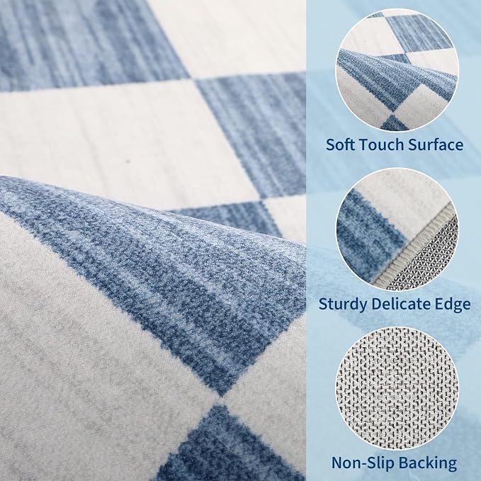 GarveeHome 2.5×8 Kitchen Runner Rug Non Slip, Dark Blue Checkered Rug, Washable - Image 4