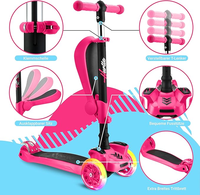 Hurtle 3-Wheeled Scooter for Kids - Wheel LED Lights, Adjustable Lean-to-Steer Handlebar, and Foldable Seat - Sit or Stand Ride with Brake for Boys and Girls Ages 1-14 Years Old