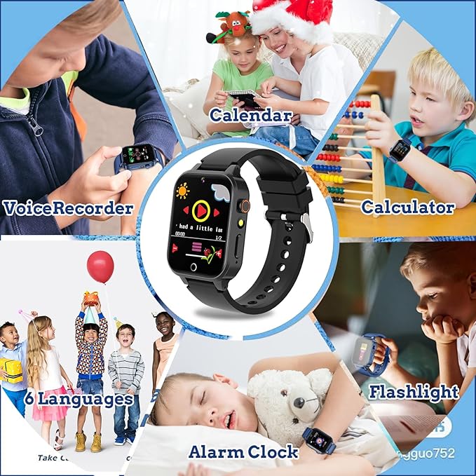Goodatech Smart Watch for Kids 4-12 Years Boys Girls, 26 Puzzle Games,HD Camera,Video Music Player,Pedometer,Flashlight,Calendar,Alarm Clock,Aluminum Case,Sport Band (Black)