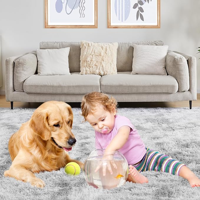 Fluffy Shag Area Rug, 4x6 Tie-Dyed Light Grey Rugs for Bedroom, Soft Plush Area Rugs for Living Room, Non-Slip Indoor Carpet for Nursery, Study Room, Dressing Room, Home Decor