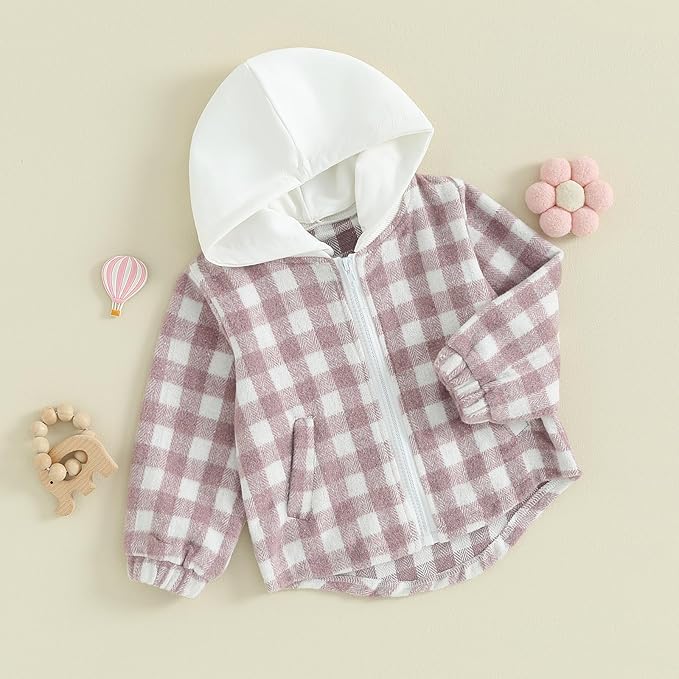 Douhoow Toddler Baby Plaid Jacket Baby Boy GIrl Flannel Hoodies Zip Up Hooded Fall Winter Outerwear Coat