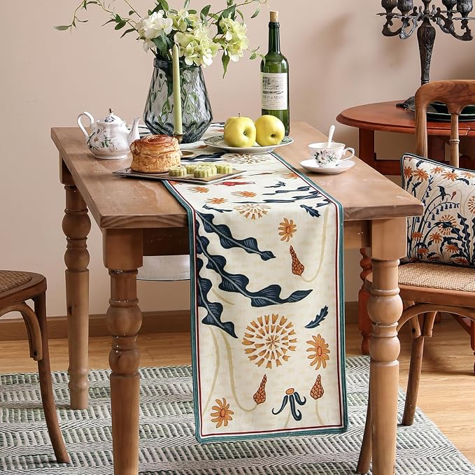 bilin gaier Designer French Linen Small Table Runner, Floral Pattern, Dining - Image 6