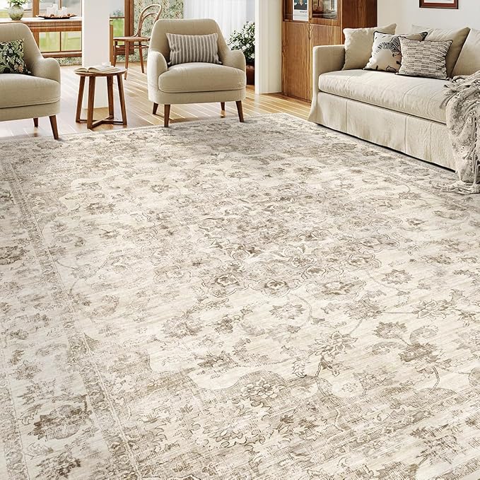 10x14 Neutral Area Rug Beige Vintage Living Room Bedroom Washable Carpet - Image 3