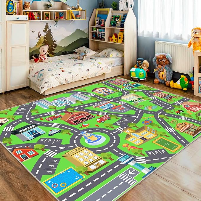 Kids Room Rug - Soft & Non-Slip 7x9 Ft Town Car Rug City Map Play Mat, - Image 8