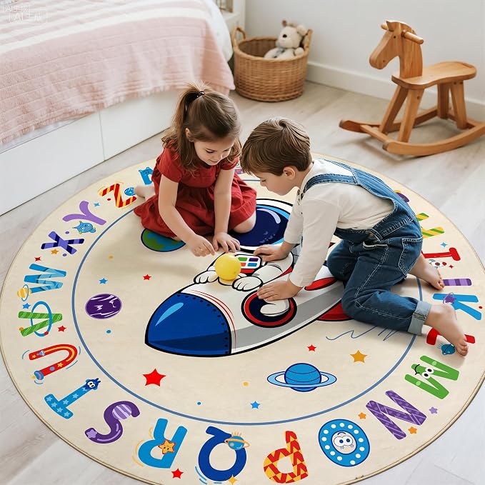 Washable Alphabet ABC Round Rug 3.4ft, Kids Astronaut Space Circle Carpet - Image 3