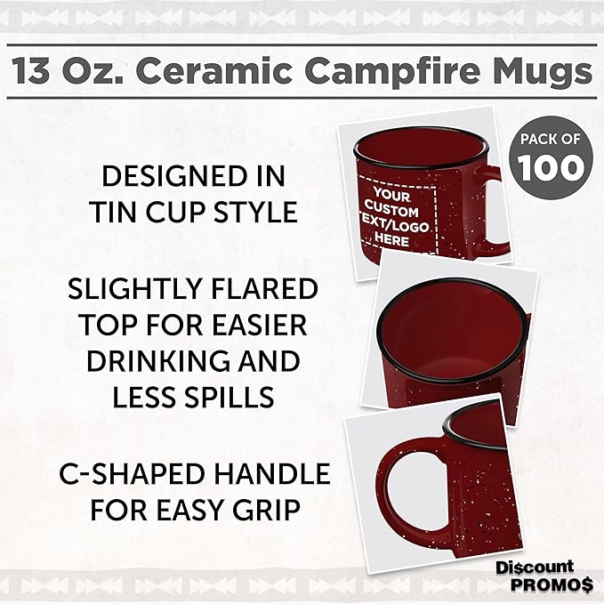 DISCOUNT PROMOS Custom Ceramic Campfire Coffee Mugs 13 oz. Set of 100, Personalized Bulk Pack - Perfect for Tea, Espresso, Cappuccino, Hot Cocoa - Maroon