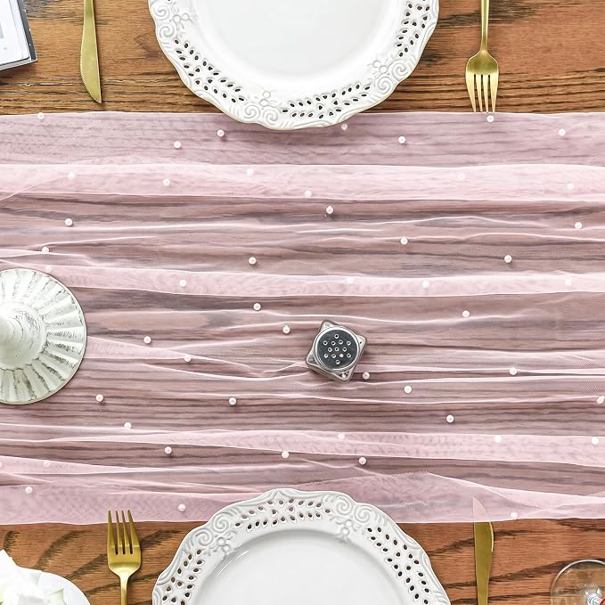 Artoid Mode 3PCS Pearl Pink Gauze Table Runner 120 Inch 10FT, Seasonal Sheer - Image 6