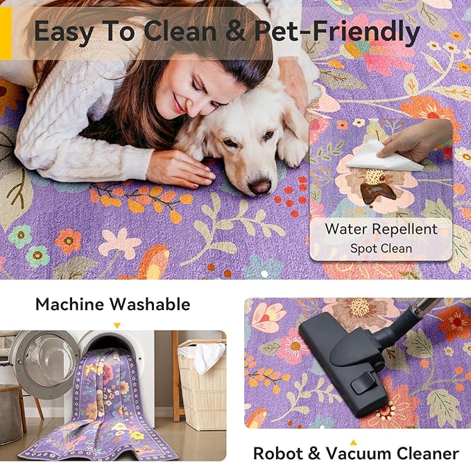 RELEANY Floral 8ft Area Rugs Washable Print Boho Cute Carpet Non Slip Flower - Image 5