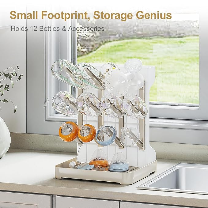 GoMaihe Baby Bottle Drying Rack: Space Saving Vertical Bottle Dryer Holder - Baby Accessories Storage Stand Organize Brushes Pacifiers on Countertop - BPA-Free - Beige