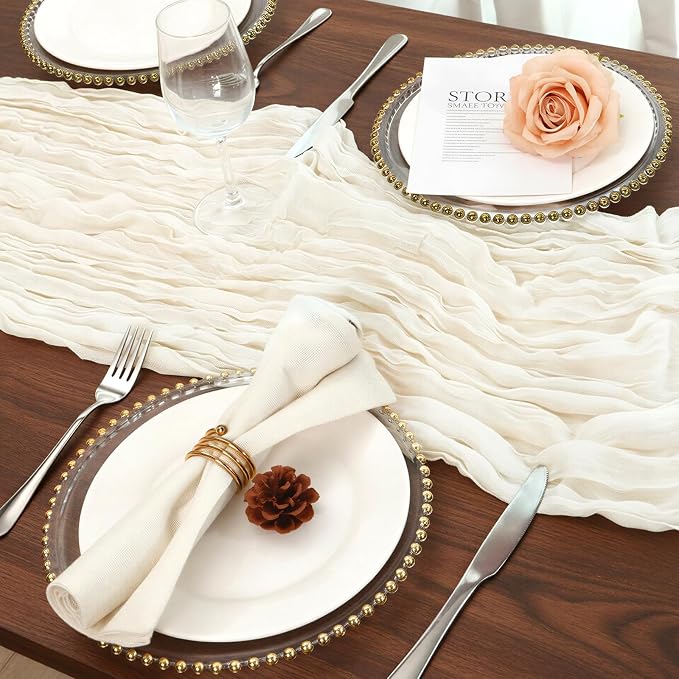 3 Pack Ivory White Cheesecloth Table Runner 120 Inch Boho Wedding Decor | - Image 5