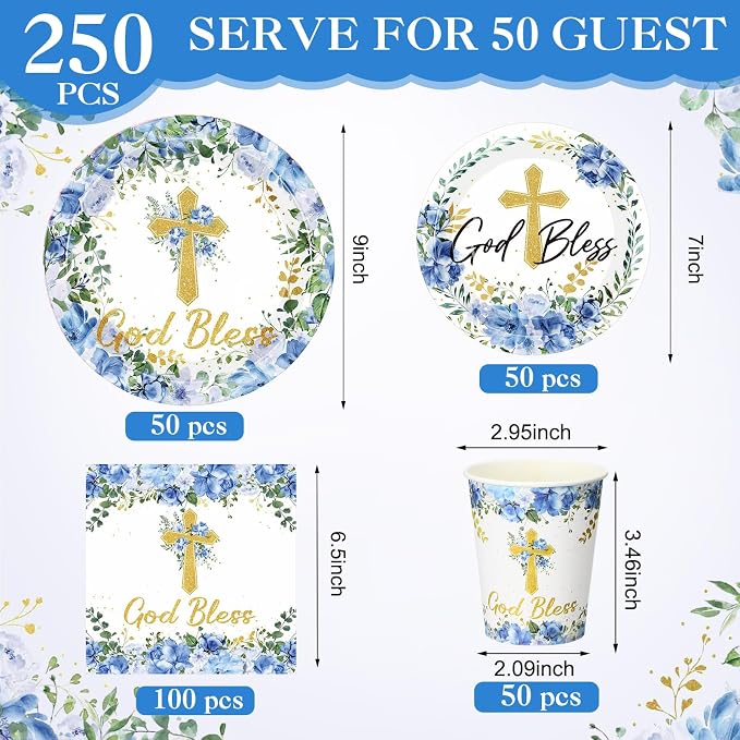 Pickmesh 250 Pcs Blue Baptism Cross Disposable Tableware Set Confirmation - Image 3