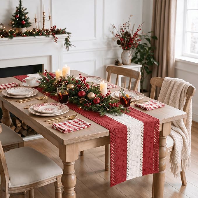 Artoid Mode Rose Red Farmhouse Woven Table Runner 12x72 Inch | Holiday Rustic - Image 6