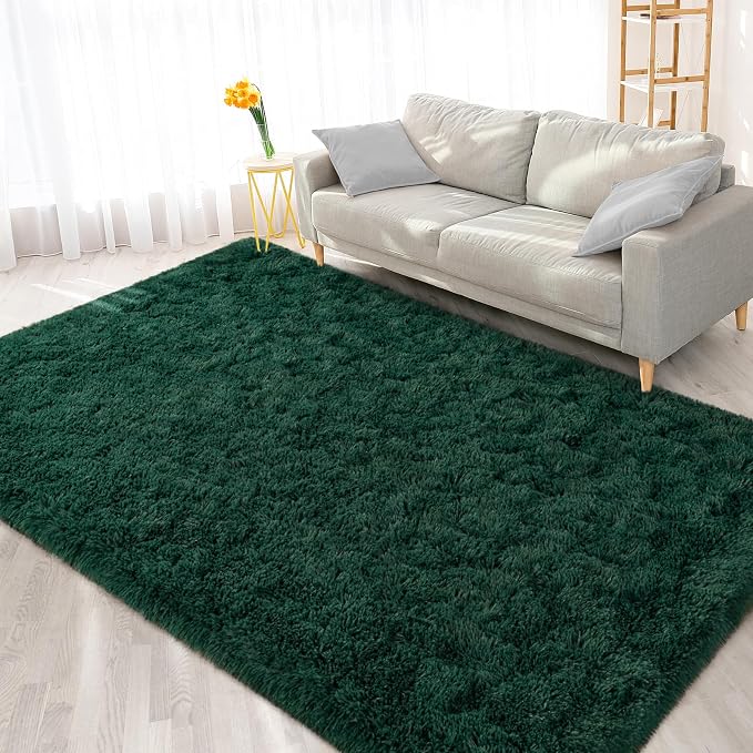 FlyDOIT Large Area Rugs for Living Room, 4x6 Feet Deep-Green Shaggy Rug Fluffy - Image 8