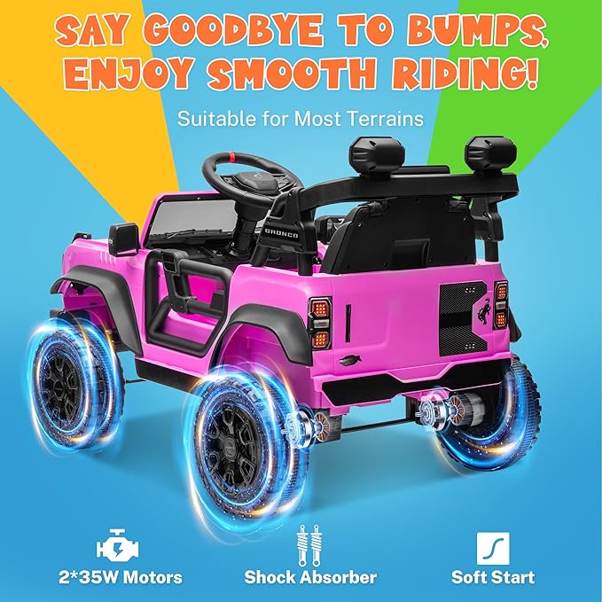 ENYOPRO 12V Ford Bronco Raptor Ride On Car for Kids, Electric Power Car Ride-On Toy for Toddlers w/Remote Control, 4 Wheels Spring Suspension, Bluetooth Music, Radio, LED Lights, 2 Speed (Pink)