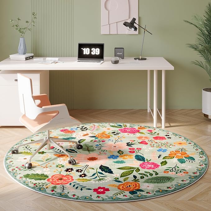 Rugcomf Round Rug 4ft Washable Circle Rug Non Slip Low Pile Boho Floral Small - Image 5