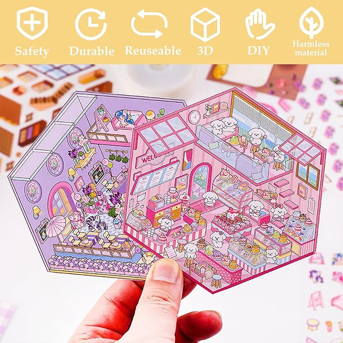 DIY 3D House Sticker, 6 Sets of Sticker Make Your Own Mini Shop Scenes Stickers for Kids Kawaii Cartoon Scene Stickers for Adult Relief Stress Pass The Time