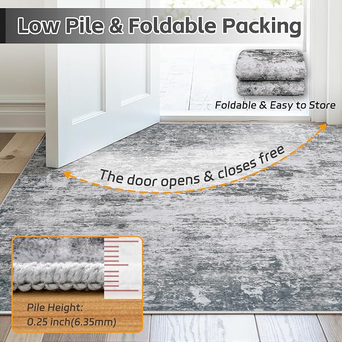 Area Rug 10x14 Living Room Rug Washable: No-Slip Abstract Soft Thin Large Gray - Image 7