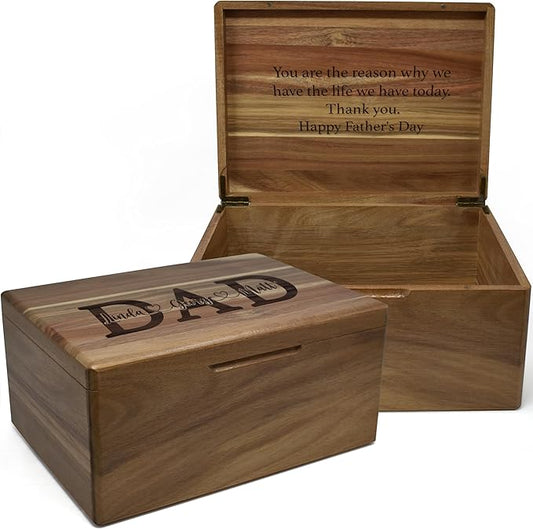 Dad Box with Kids Names - Custom Keepsake Box for Memories with Engraved Children Names, Personalized Fathers Gifts from Daughter/Son/Family, Birthday Gifts for Dad from Kids, 11.5x8.5x5.5 in