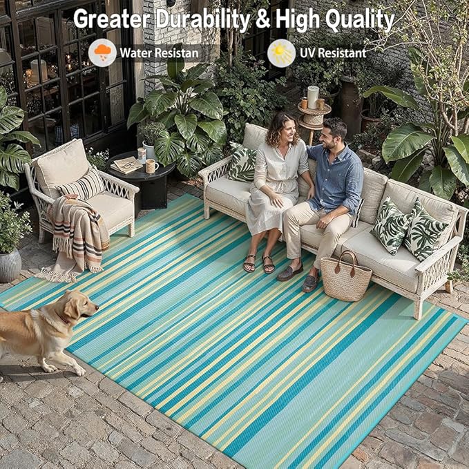 Outdoor Plastic Straw Rug Waterproof Patio 9x12 Teal Yellow Stripe Mat - Image 5