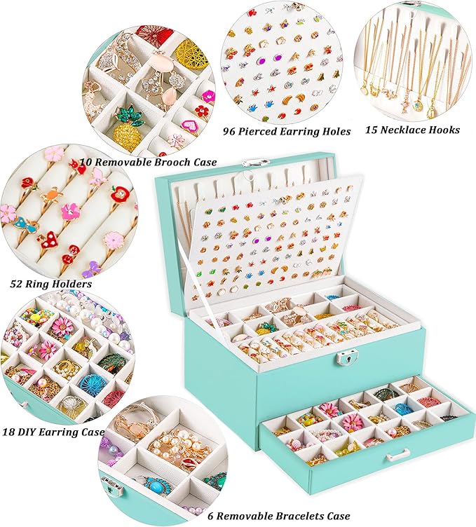 Earrings Jewelry Box for Girls, 5 Layers Jewelry Organizer with Earring Holder Organizer for Girls Earring Organizer Jewelry Boxes for Women Earrings and Necklaces Jewelry Box Organizer Teal