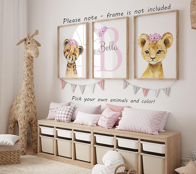 Personalized Safari Animals for Baby Girls Nursery, Set of 3 Unframed Poster Prints, Personalized Name Pink Lilac Floral, Girls Bedroom Decor, Elephant Giraffe (8x10)